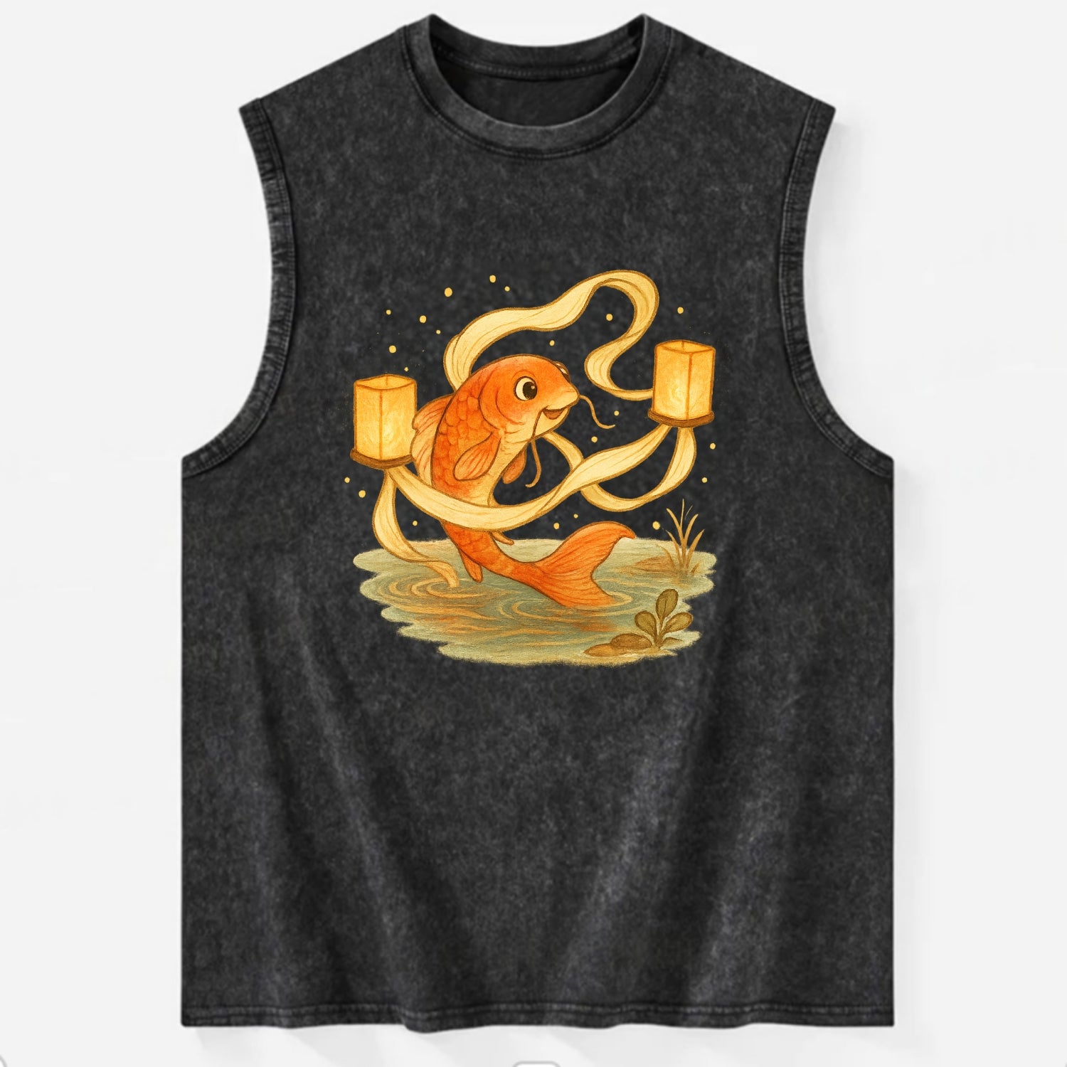 Koi weaving silk streamers through floating lanterns on tranquil water - Vintage Washed Tank - Black