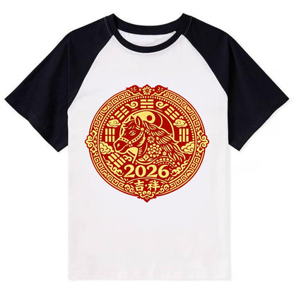 LUCKY HORSE MEDALLION | Circular medallion with horse profile | Intricate - Contrast Raglan T-shirt - Black