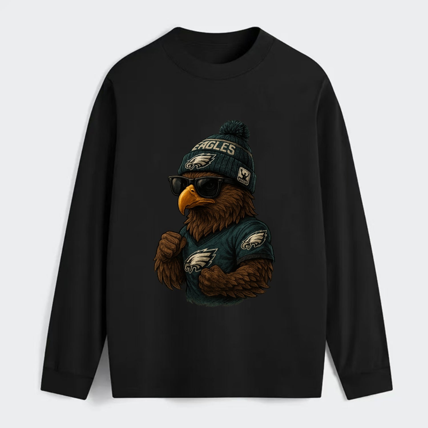 Philly Hawk wearing Eagles beanie with Rocky patch and wayfarer - Classic Long Sleeve Shirt - Black