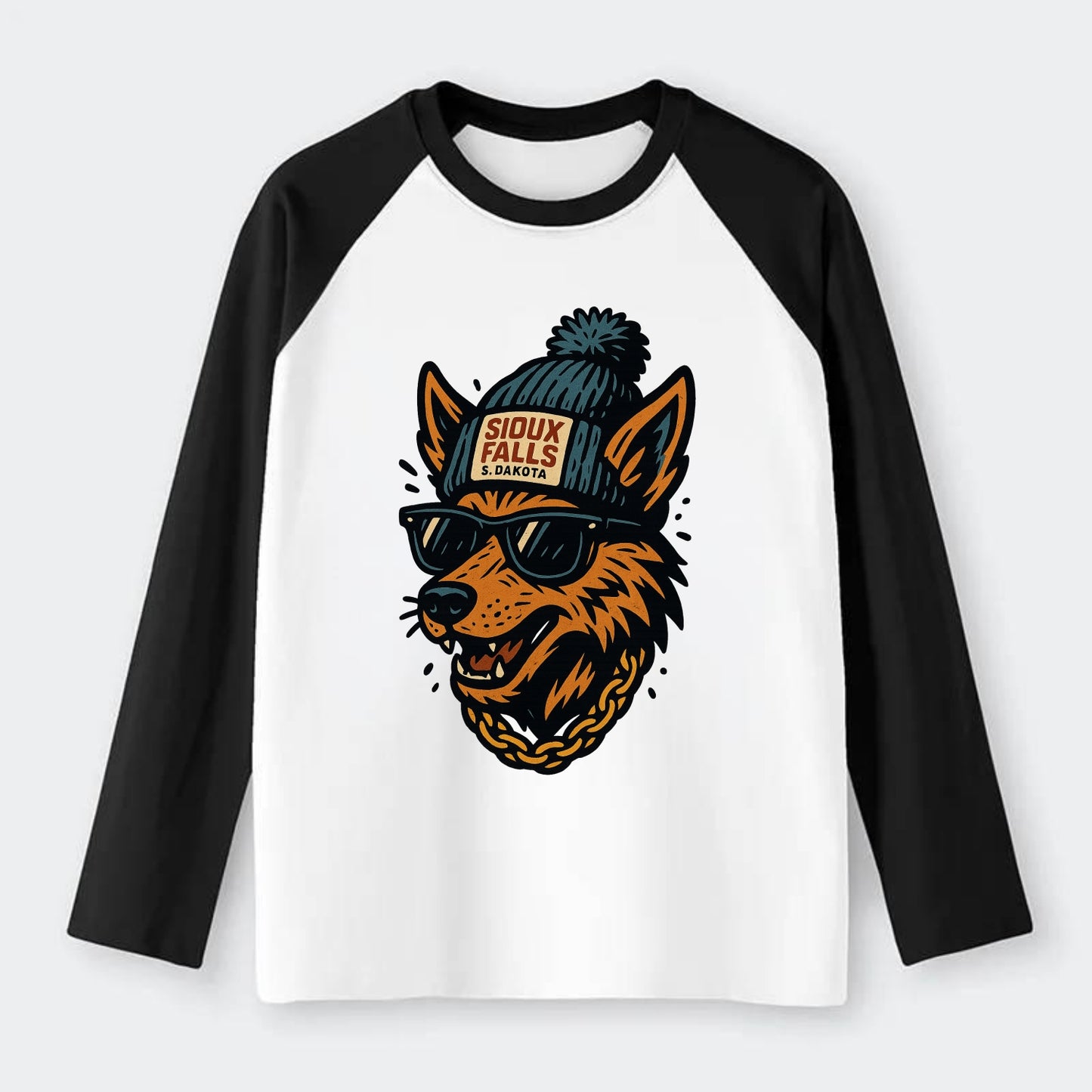 South Dakota Coyote wearing Sioux Falls beanie with pom pom and - Raglan Long Sleeve T-Shirt - Black