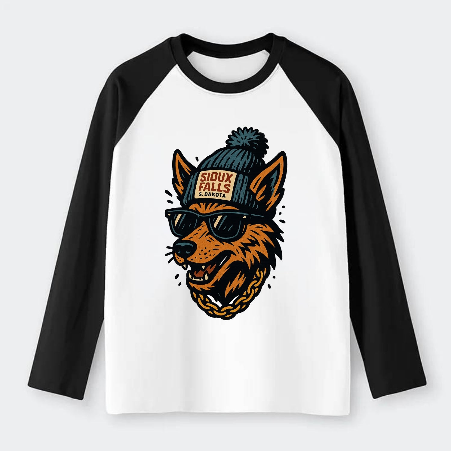 South Dakota Coyote wearing Sioux Falls beanie with pom pom and - Raglan Long Sleeve T-Shirt - Black