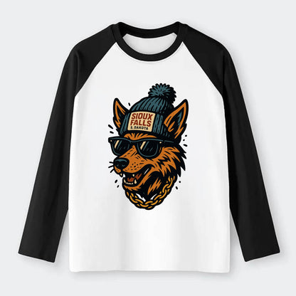 South Dakota Coyote wearing Sioux Falls beanie with pom pom and - Raglan Long Sleeve T-Shirt - Black