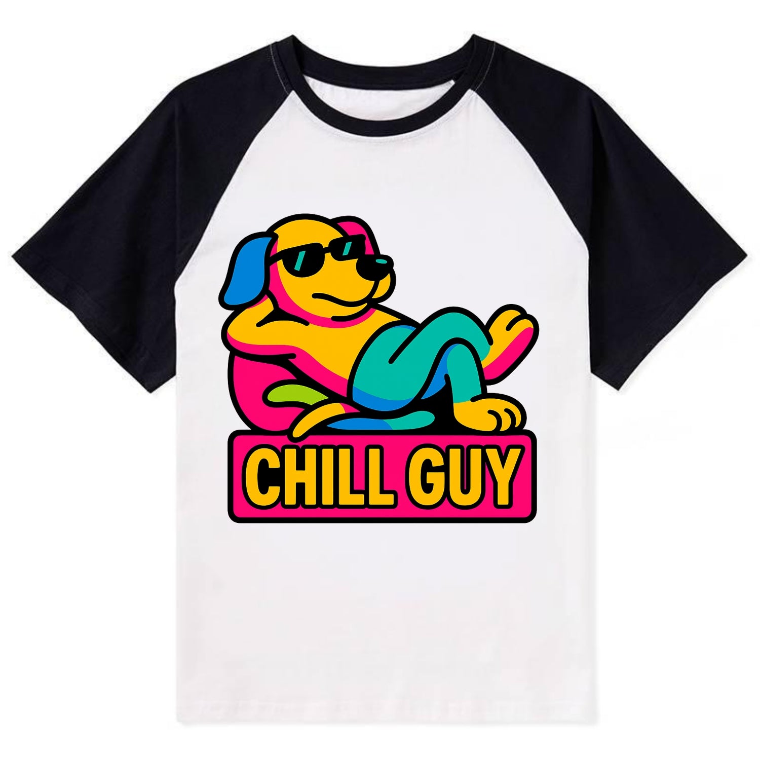 Super relaxed dog character lounging unbothered - "Chill Guy" meme - Contrast Raglan T-shirt - Black