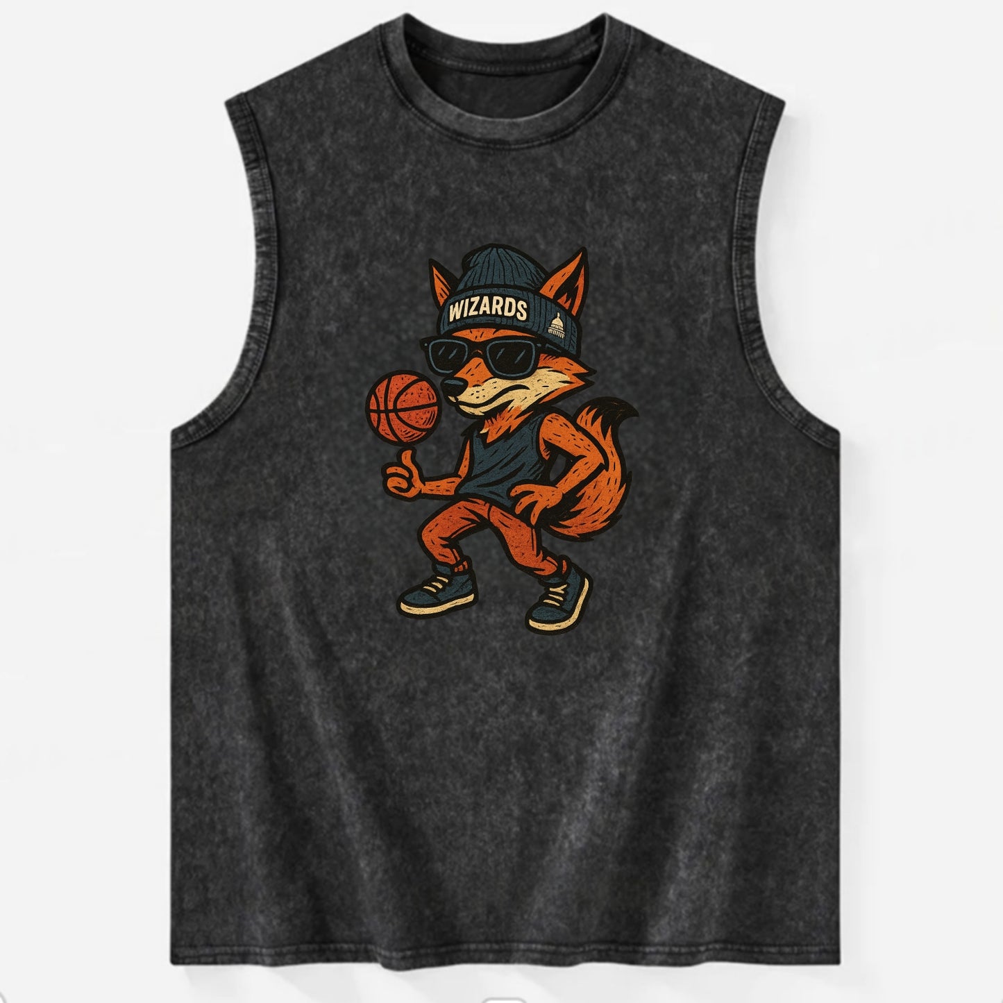 Washington Fox wearing Wizards beanie with capitol patch and wayfarer - Vintage Washed Tank - Black