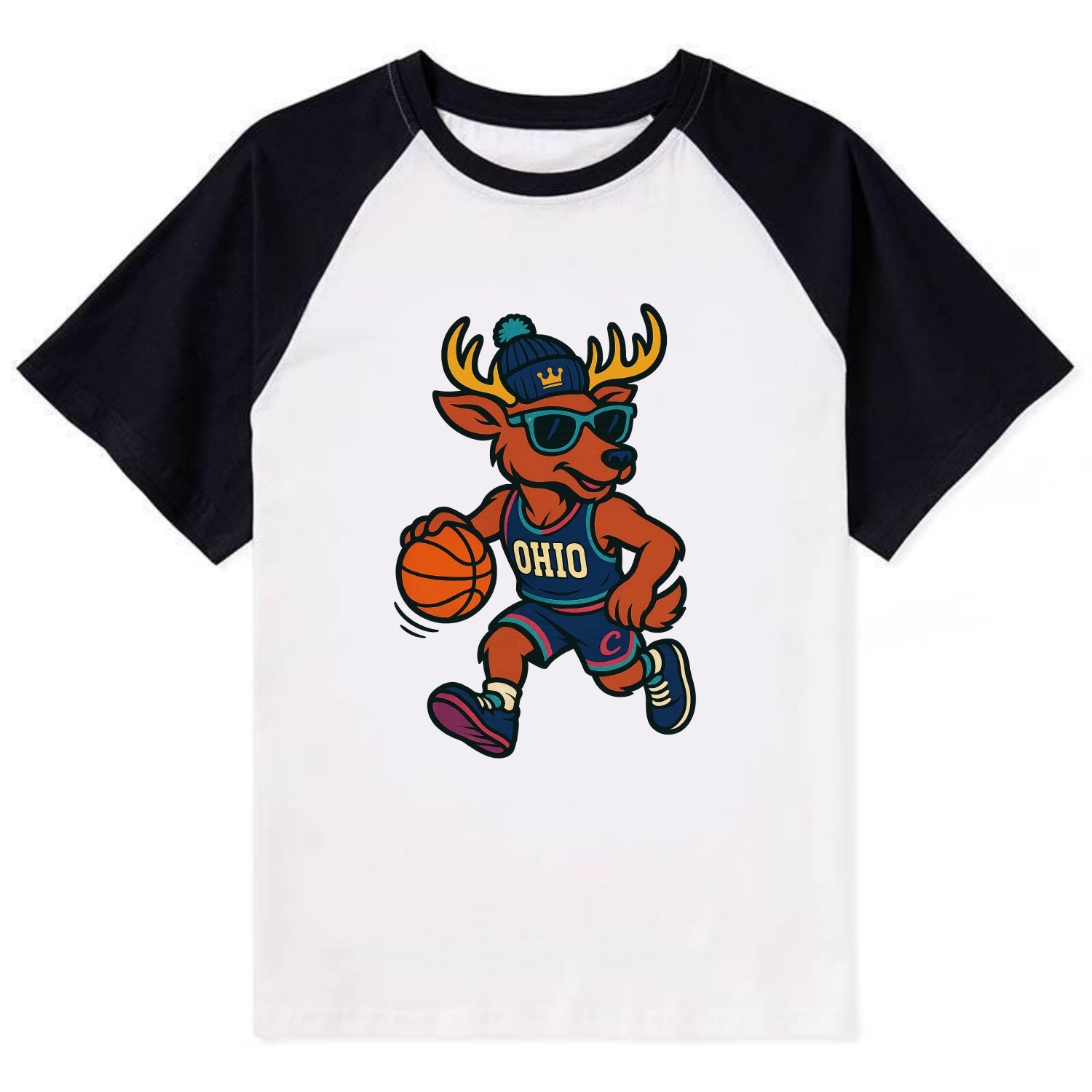 Ohio Deer wearing Cavs beanie with crown patch and wayfarer sunglasses - Contrast Raglan T-shirt - Black