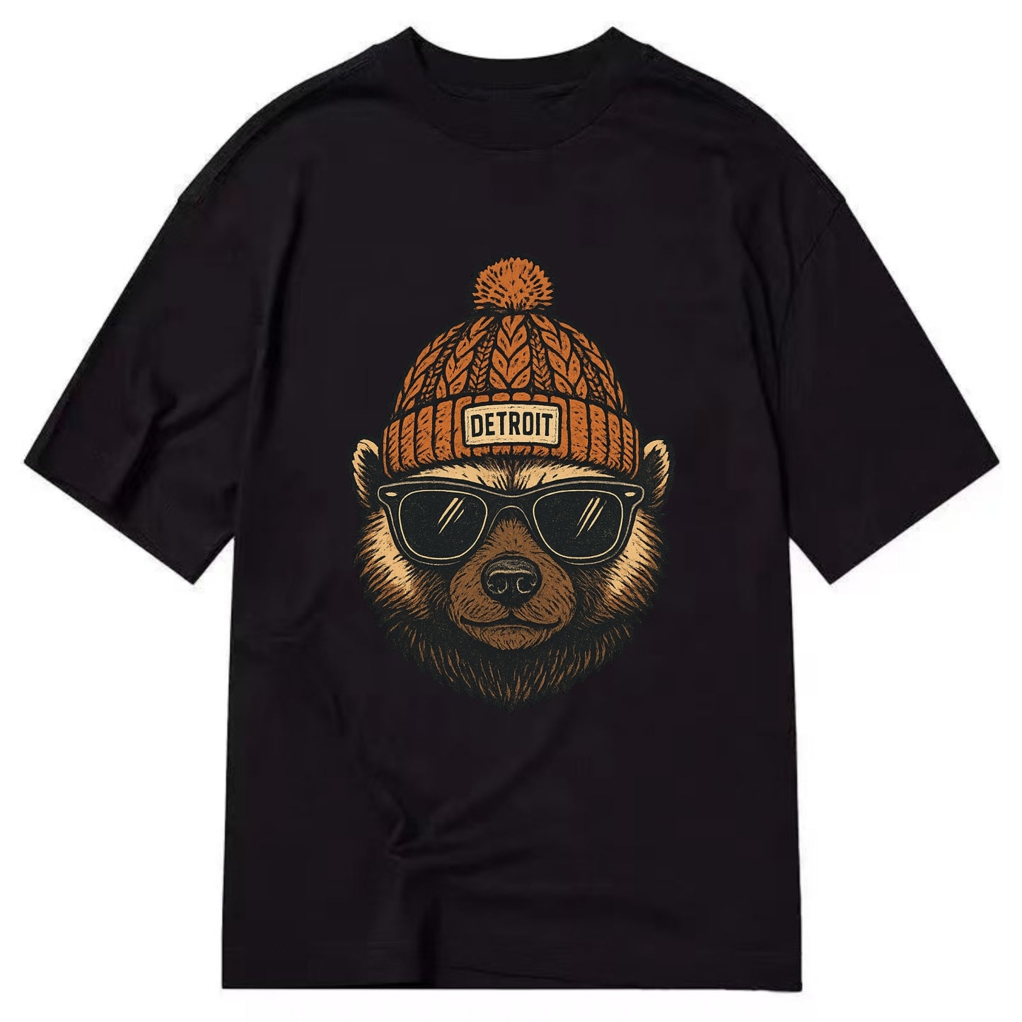 Detroit Wolverine wearing Detroit beanie with pom pom and wayfarer sunglasses - Classic T-shirt - Black
