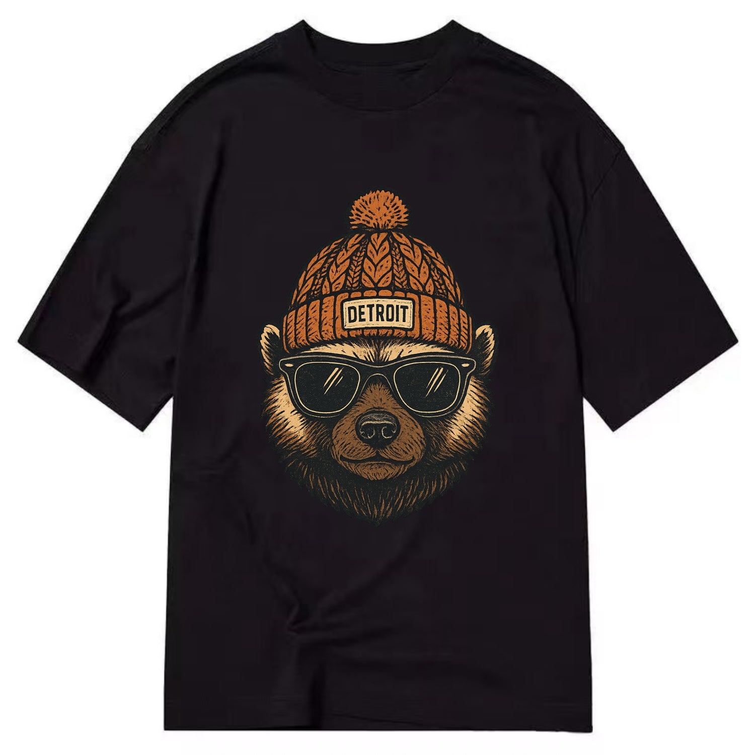 Detroit Wolverine wearing Detroit beanie with pom pom and wayfarer sunglasses - Classic T-shirt - Black