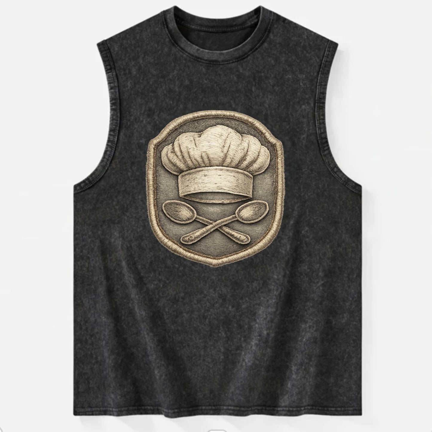 COOKING CHEF HAT - toque blanche with crossed spoons in white and silver , - Vintage Washed Tank - Black