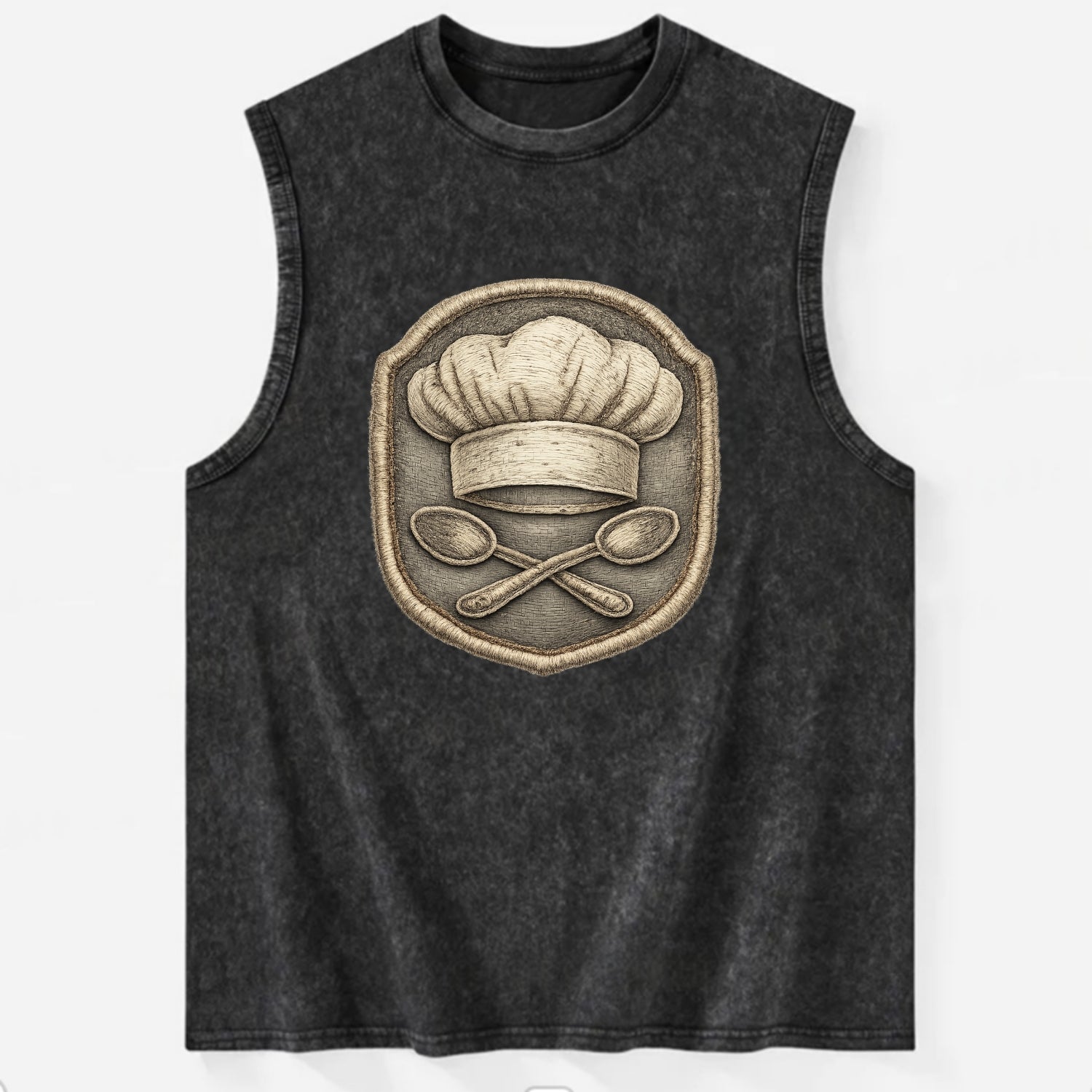 COOKING CHEF HAT - toque blanche with crossed spoons in white and silver , - Vintage Washed Tank - Black