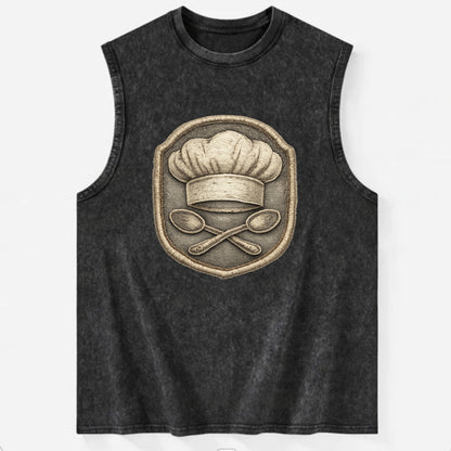 COOKING CHEF HAT - toque blanche with crossed spoons in white and silver , - Vintage Washed Tank - Black