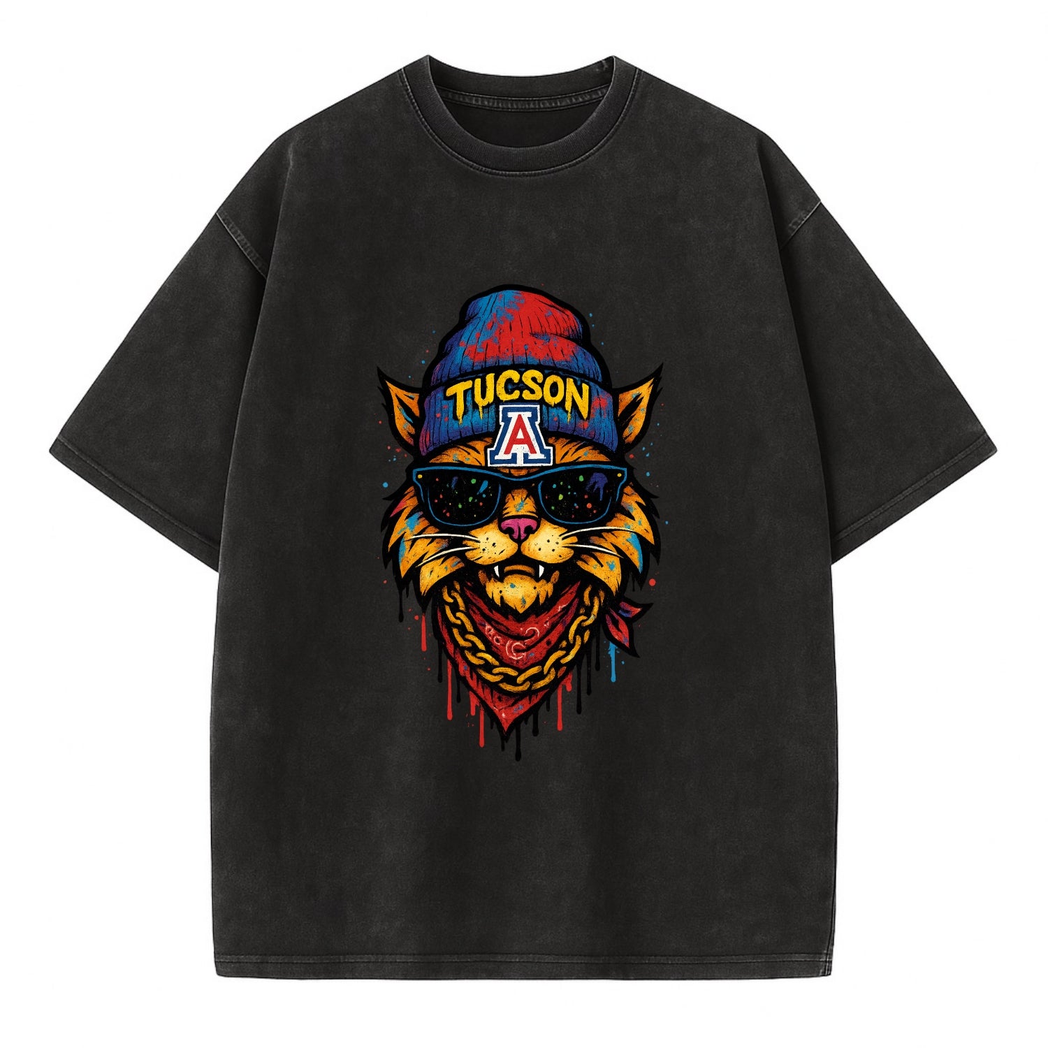 Tucson Wildcat wearing Arizona beanie with A patch - Vintage T-shirt - Black