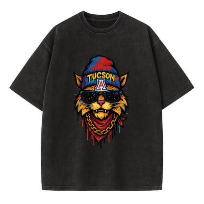 Tucson Wildcat wearing Arizona beanie with A patch - Vintage T-shirt - Black