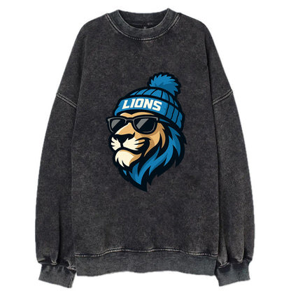 Detroit Lion wearing Lions Honolulu blue and silver beanie with pom pom and - Vintage Sweatshirt - Black