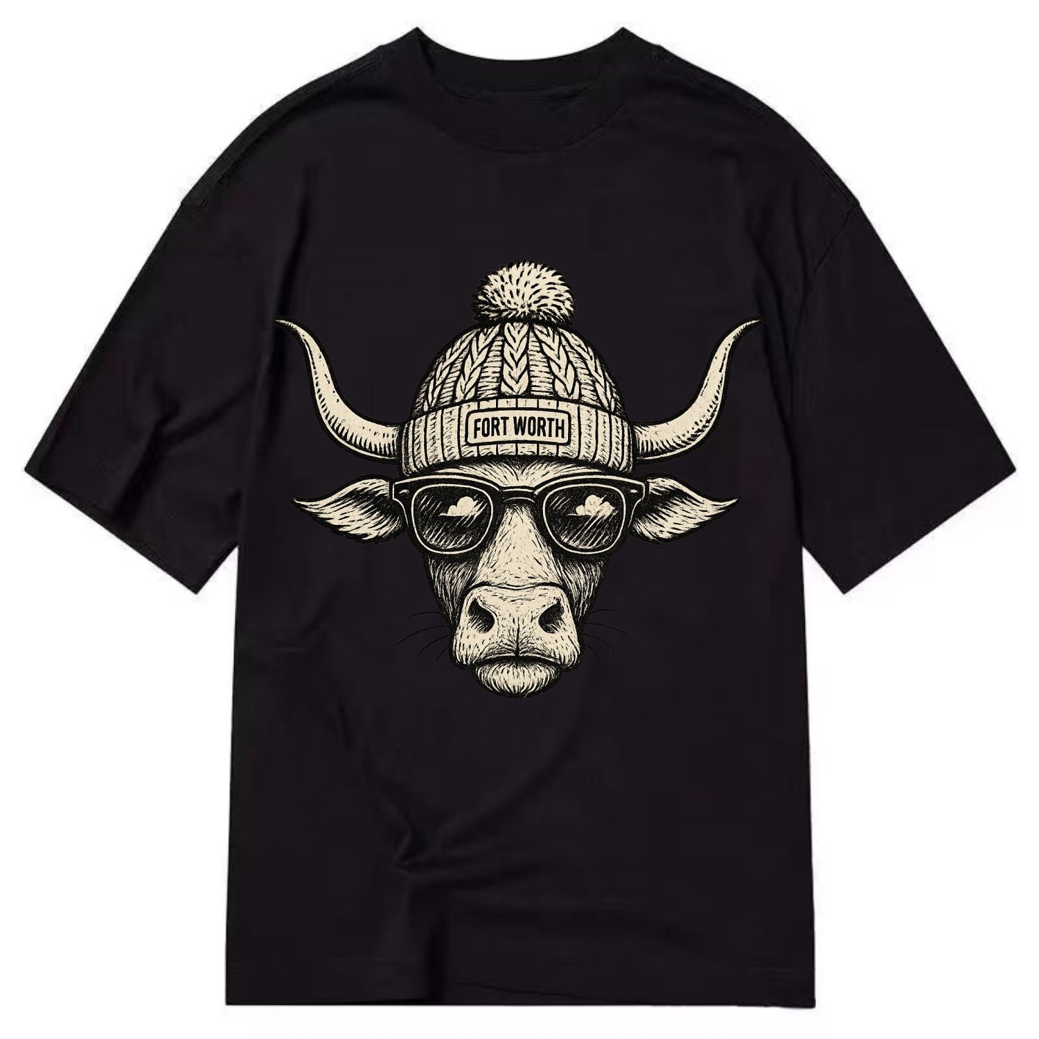 Fort Worth Longhorn wearing Fort Worth beanie with pom pom and wayfarer sunglasses - Classic T-shirt - Black