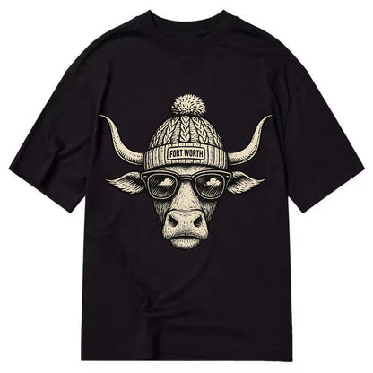 Fort Worth Longhorn wearing Fort Worth beanie with pom pom and wayfarer sunglasses - Classic T-shirt - Black
