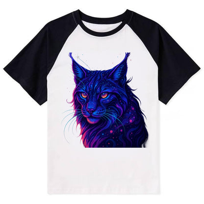 Stealthy lynx with ear tufts forming constellation patterns, nebula spots - Contrast Raglan T-shirt - Black