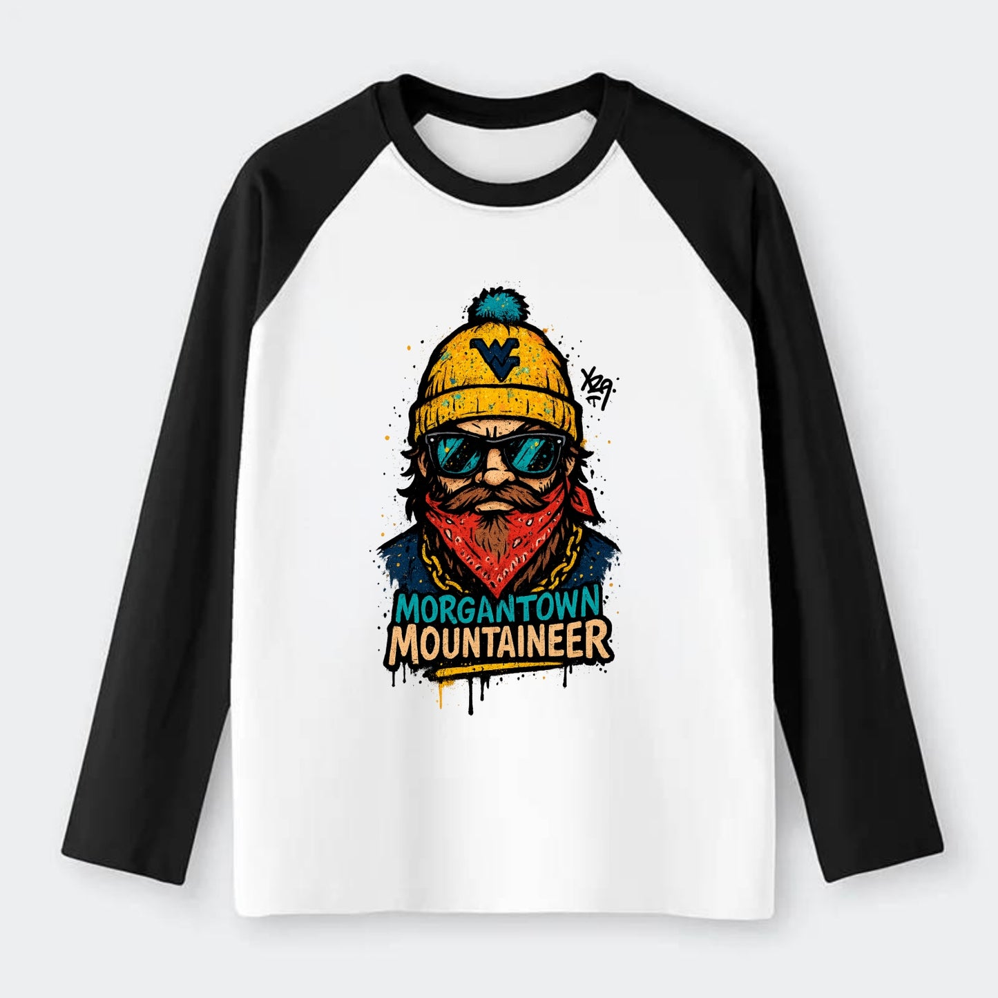 Morgantown Mountaineer wearing West Virginia beanie with WV patch - Raglan Long Sleeve T-Shirt - Black