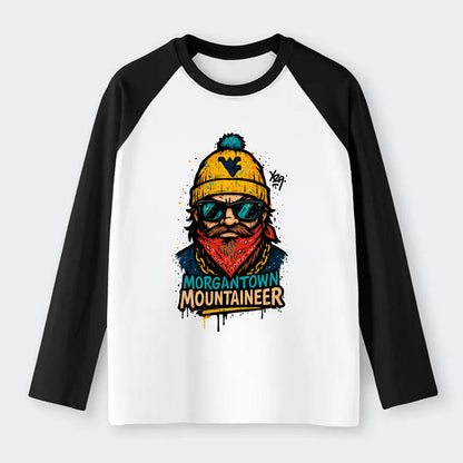 Morgantown Mountaineer wearing West Virginia beanie with WV patch - Raglan Long Sleeve T-Shirt - Black