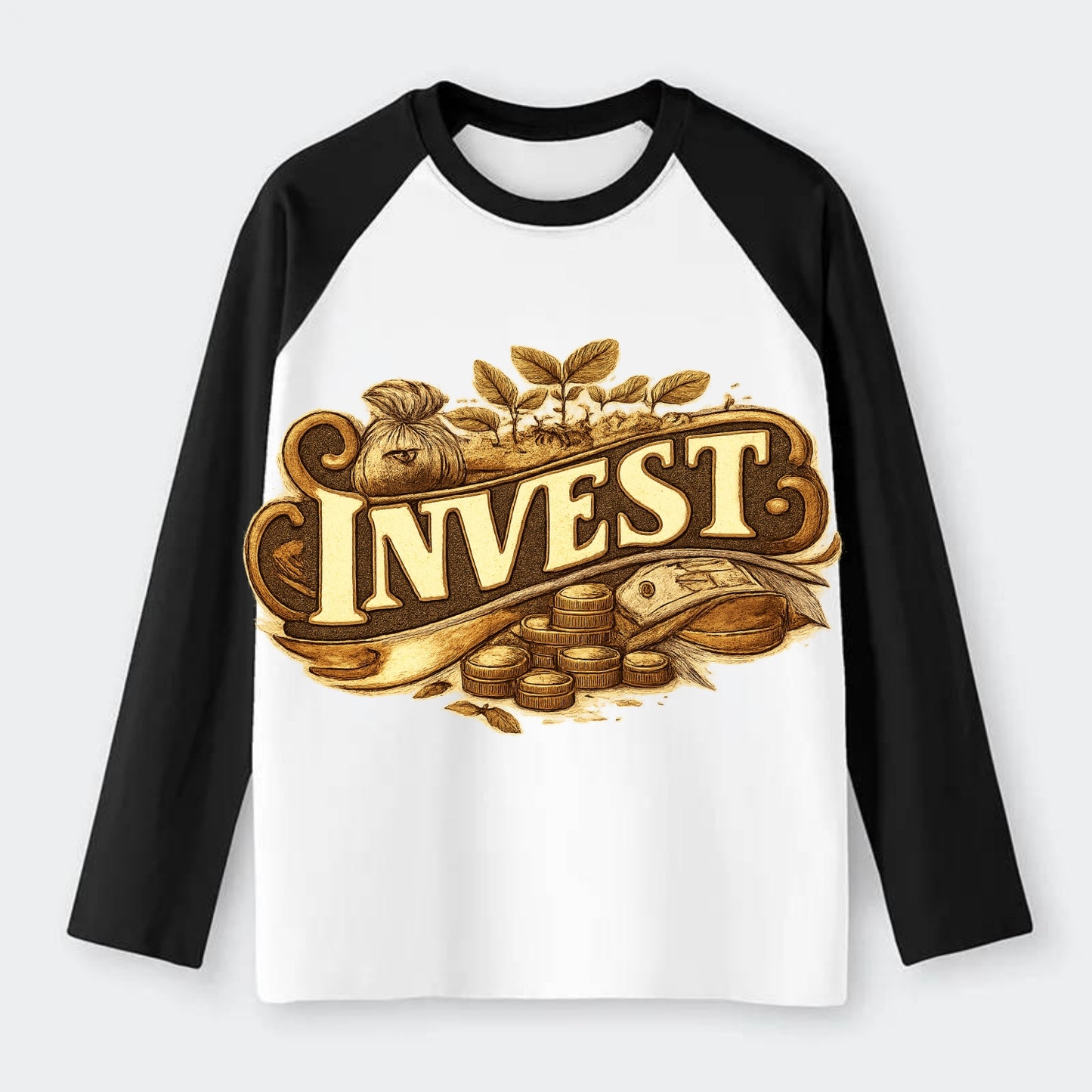 Bold typography design - "INVEST" - growing money, smart decisions - Raglan Long Sleeve T-Shirt - Black