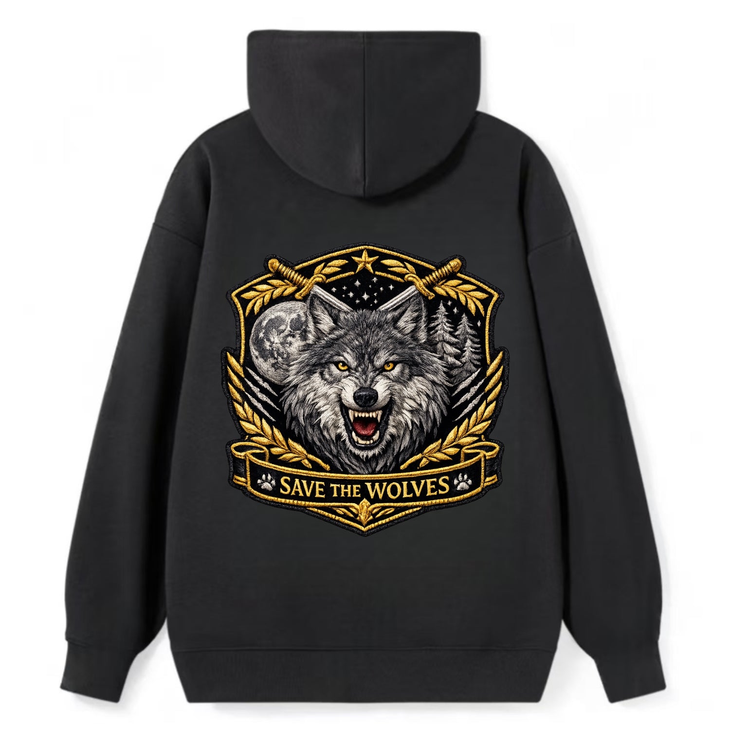 SAVE THE WOLVES - wolf moon in gray , predator protection - Classic Pullover Hoodie - Black