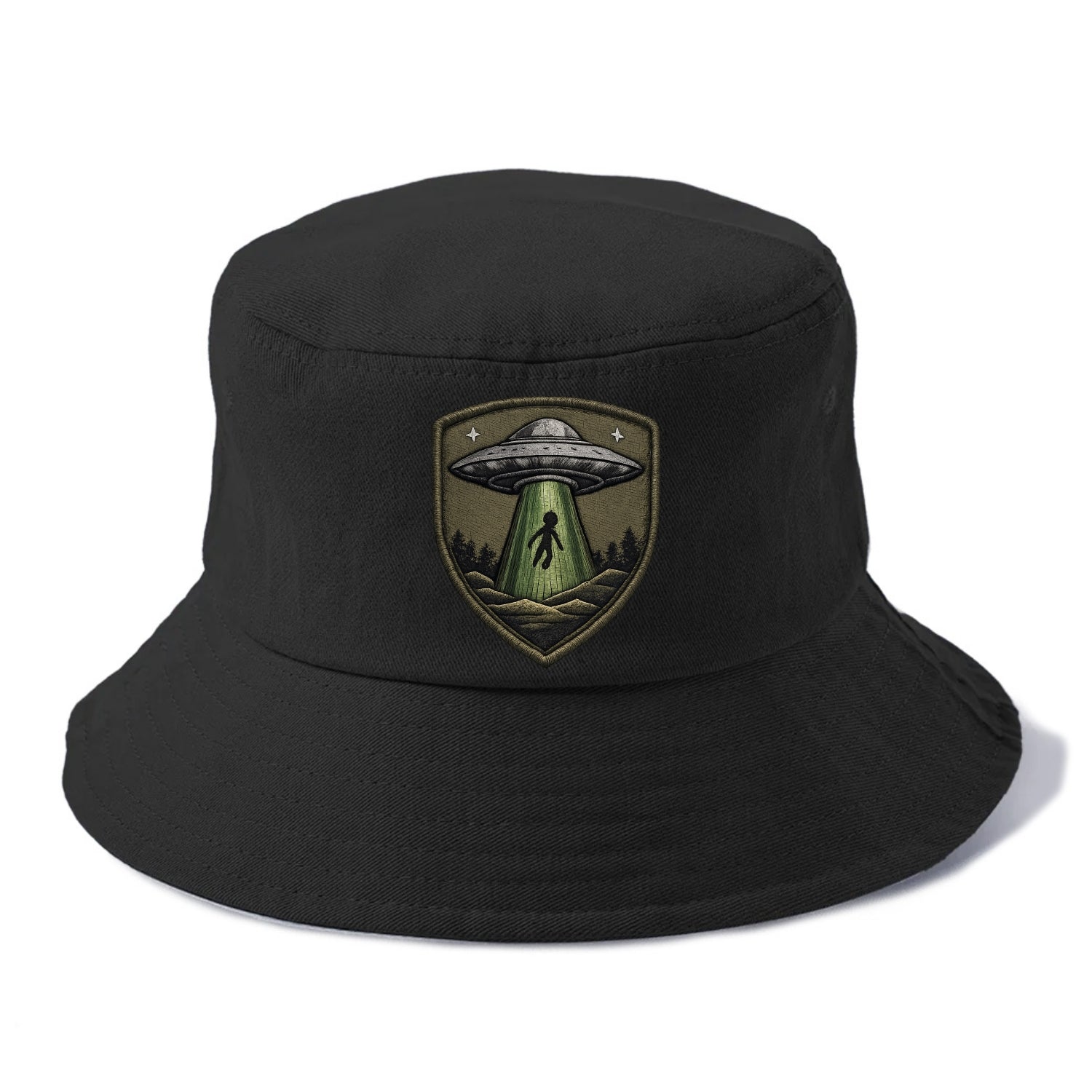 UFO ALIEN - flying saucer with beam in silver and green , extraterrestrial - Bucket Hat - Black