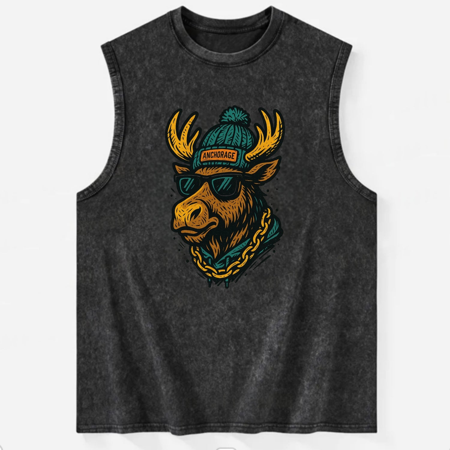 Alaska Moose wearing Anchorage beanie with pom pom and wayfarer sunglasses - Vintage Washed Tank - Black