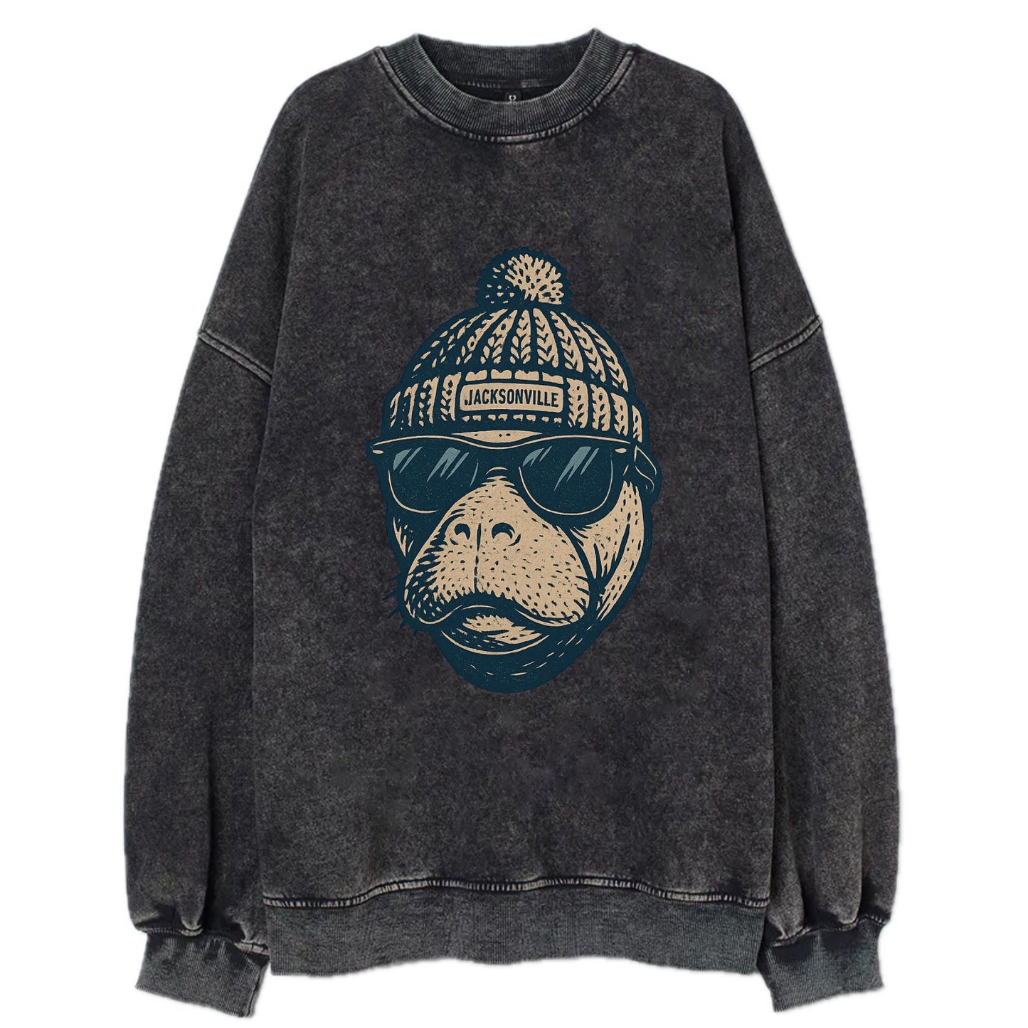 Jacksonville Manatee wearing Jacksonville beanie with pom pom and wayfarer - Vintage Sweatshirt - Black
