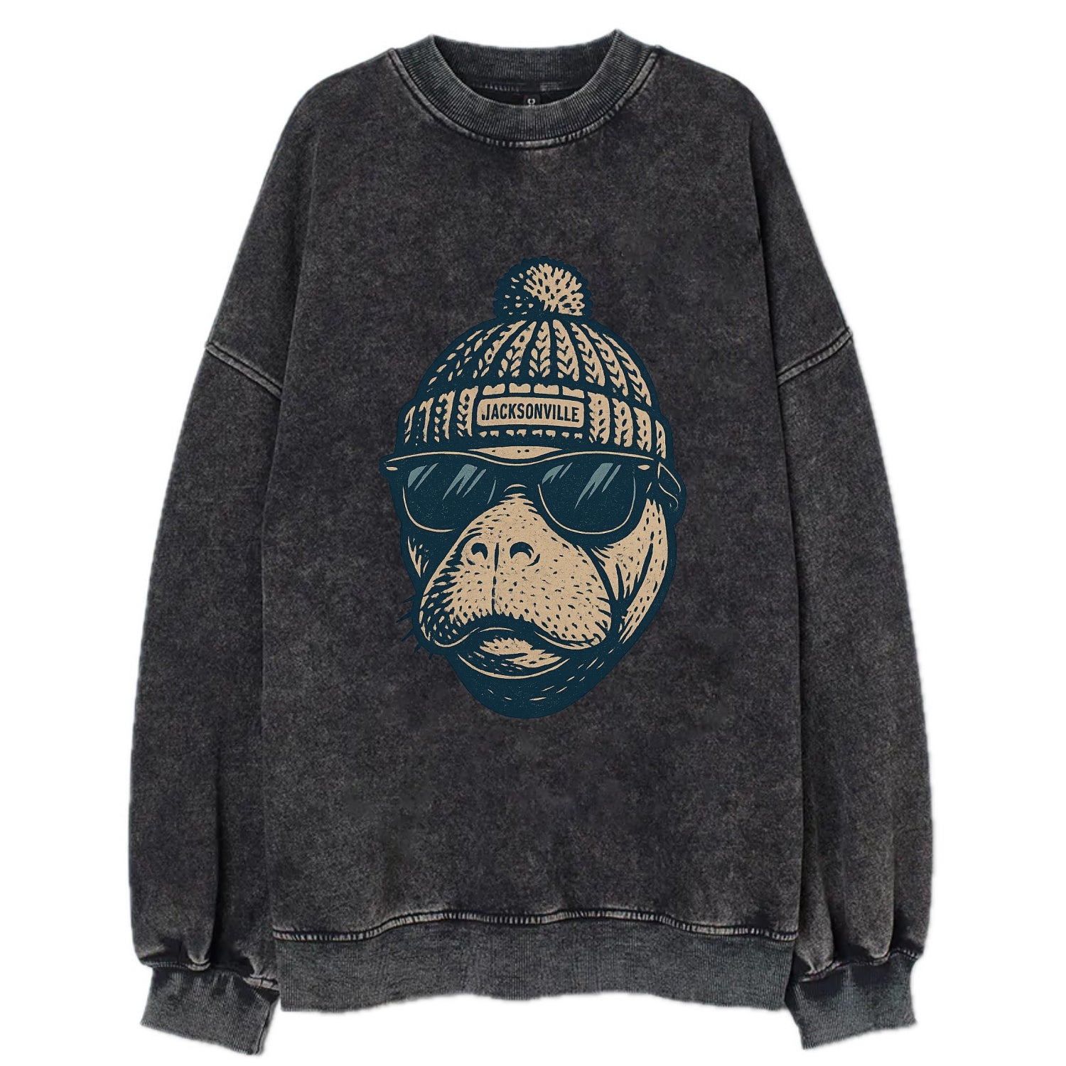 Jacksonville Manatee wearing Jacksonville beanie with pom pom and wayfarer - Vintage Sweatshirt - Black