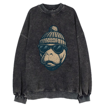 Jacksonville Manatee wearing Jacksonville beanie with pom pom and wayfarer - Vintage Sweatshirt - Black
