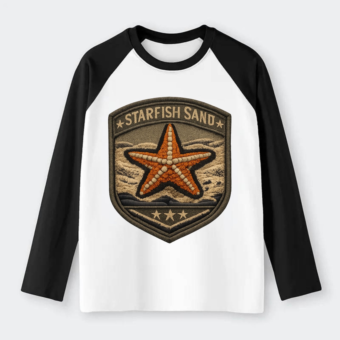 STARFISH SAND - sea star in orange and tan , beachcomber - Raglan Long Sleeve T-Shirt - Black