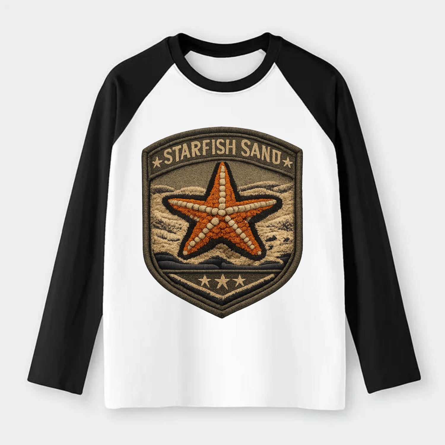 STARFISH SAND - sea star in orange and tan , beachcomber - Raglan Long Sleeve T-Shirt - Black