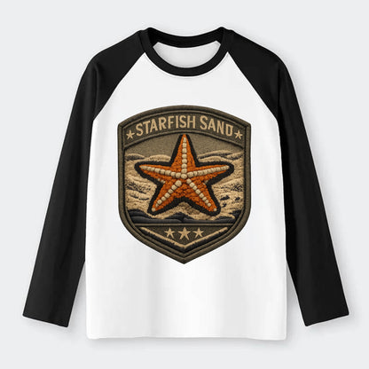 STARFISH SAND - sea star in orange and tan , beachcomber - Raglan Long Sleeve T-Shirt - Black