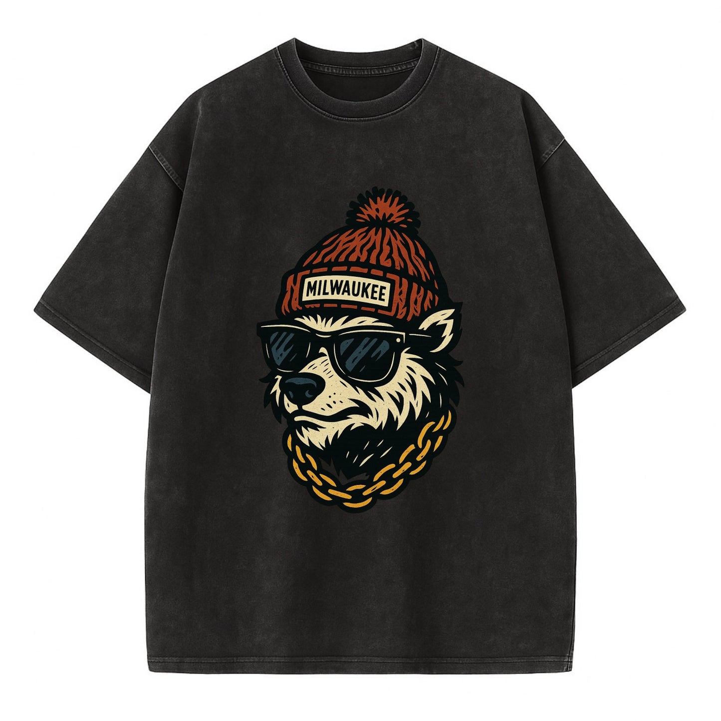 Milwaukee Badger wearing Milwaukee beanie with pom pom and wayfarer sunglasses - Vintage T-shirt - Black