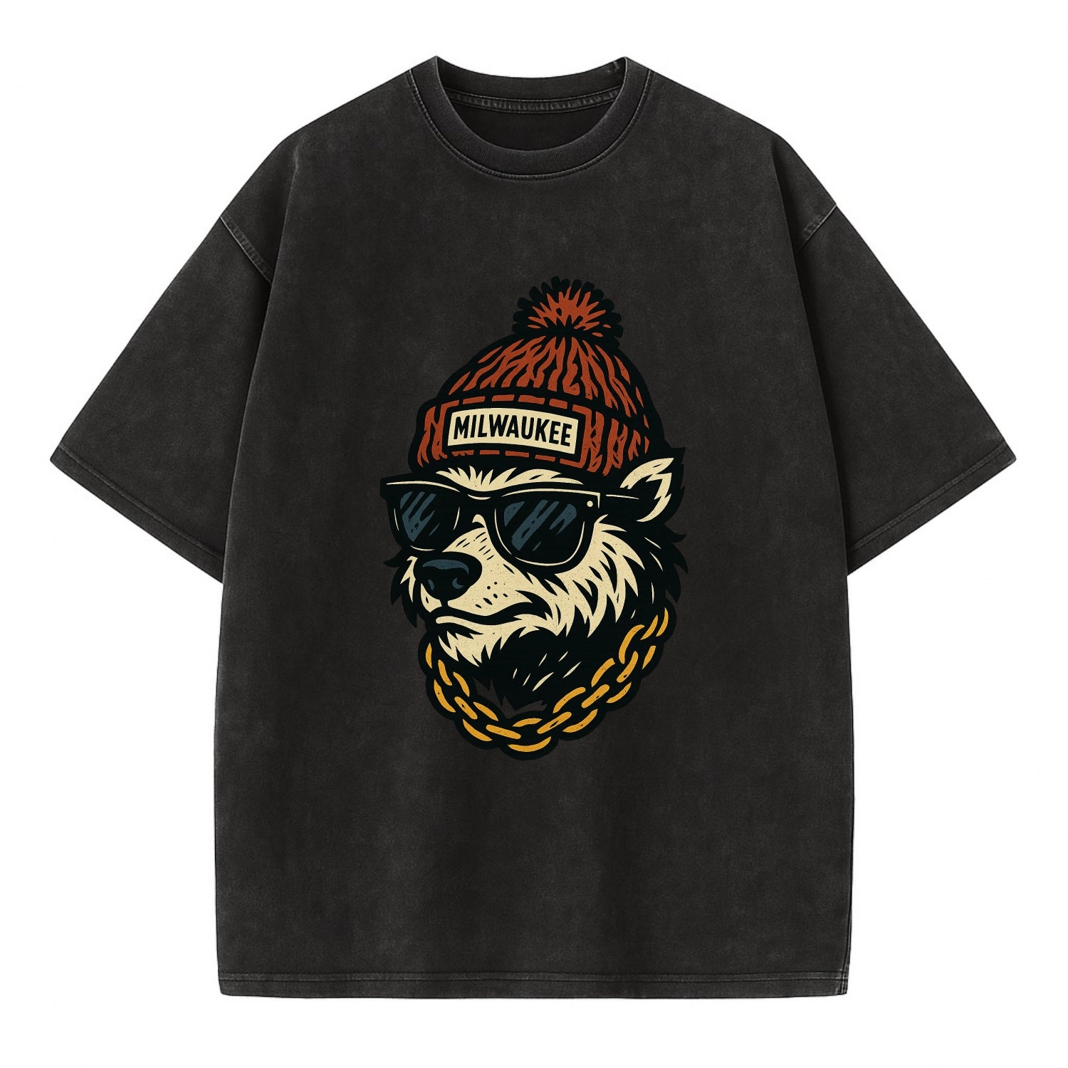 Milwaukee Badger wearing Milwaukee beanie with pom pom and wayfarer sunglasses - Vintage T-shirt - Black