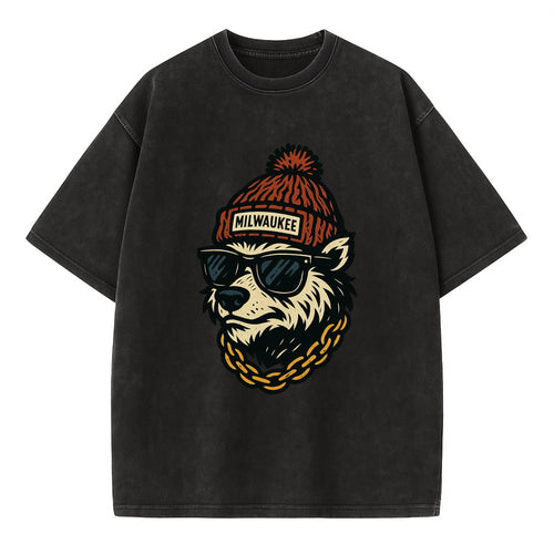 Milwaukee Badger wearing Milwaukee beanie with pom pom and wayfarer sunglasses - Vintage T-shirt