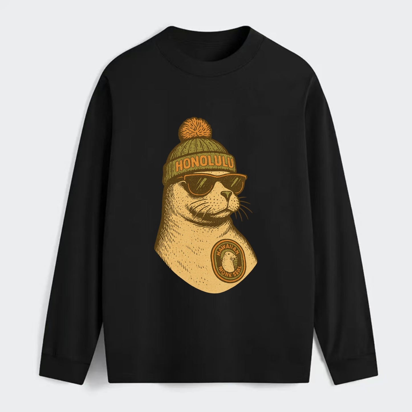 Hawaii Monk Seal wearing Honolulu beanie with pom pom and wayfarer - Classic Long Sleeve Shirt - Black