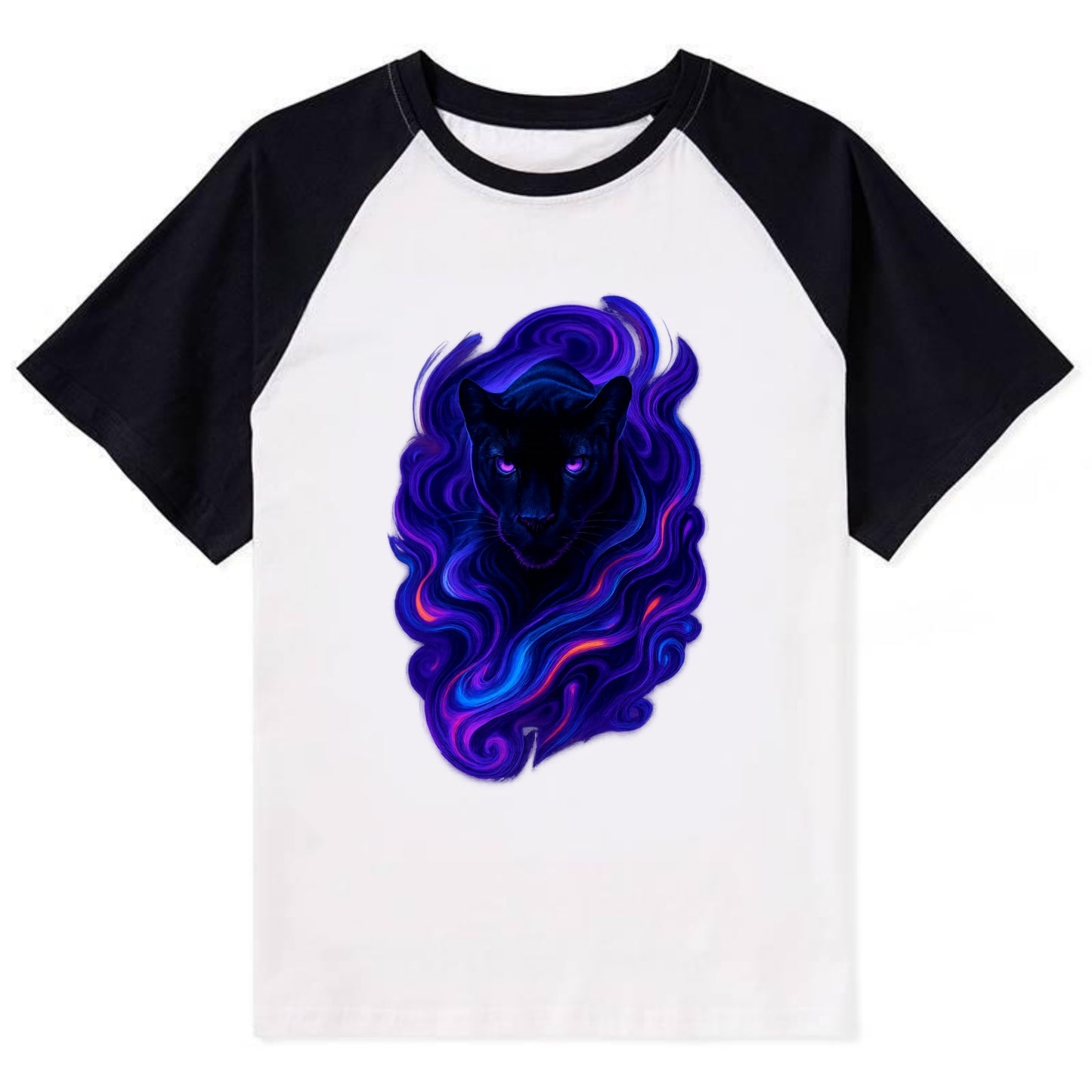 Sleek black panther emerging from swirls of deep purple and electric - Contrast Raglan T-shirt - Black