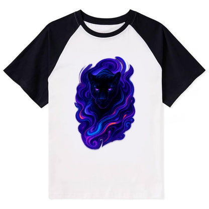 Sleek black panther emerging from swirls of deep purple and electric - Contrast Raglan T-shirt - Black