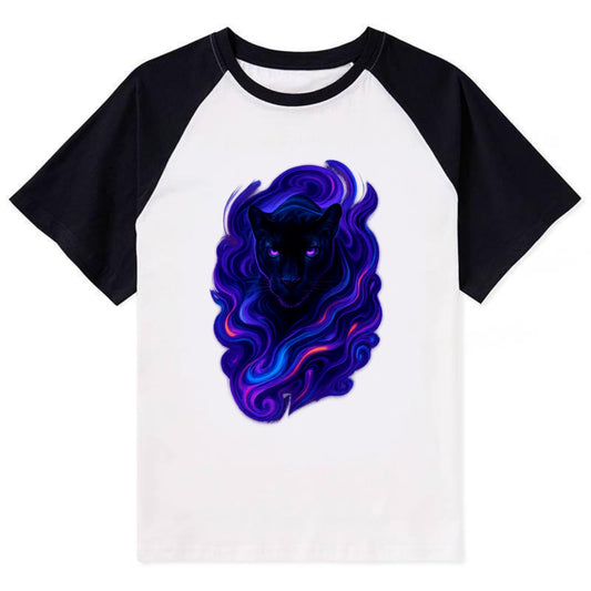 Sleek black panther emerging from swirls of deep purple and electric - Contrast Raglan T-shirt - Black