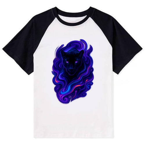 Sleek black panther emerging from swirls of deep purple and electric - Contrast Raglan T-shirt