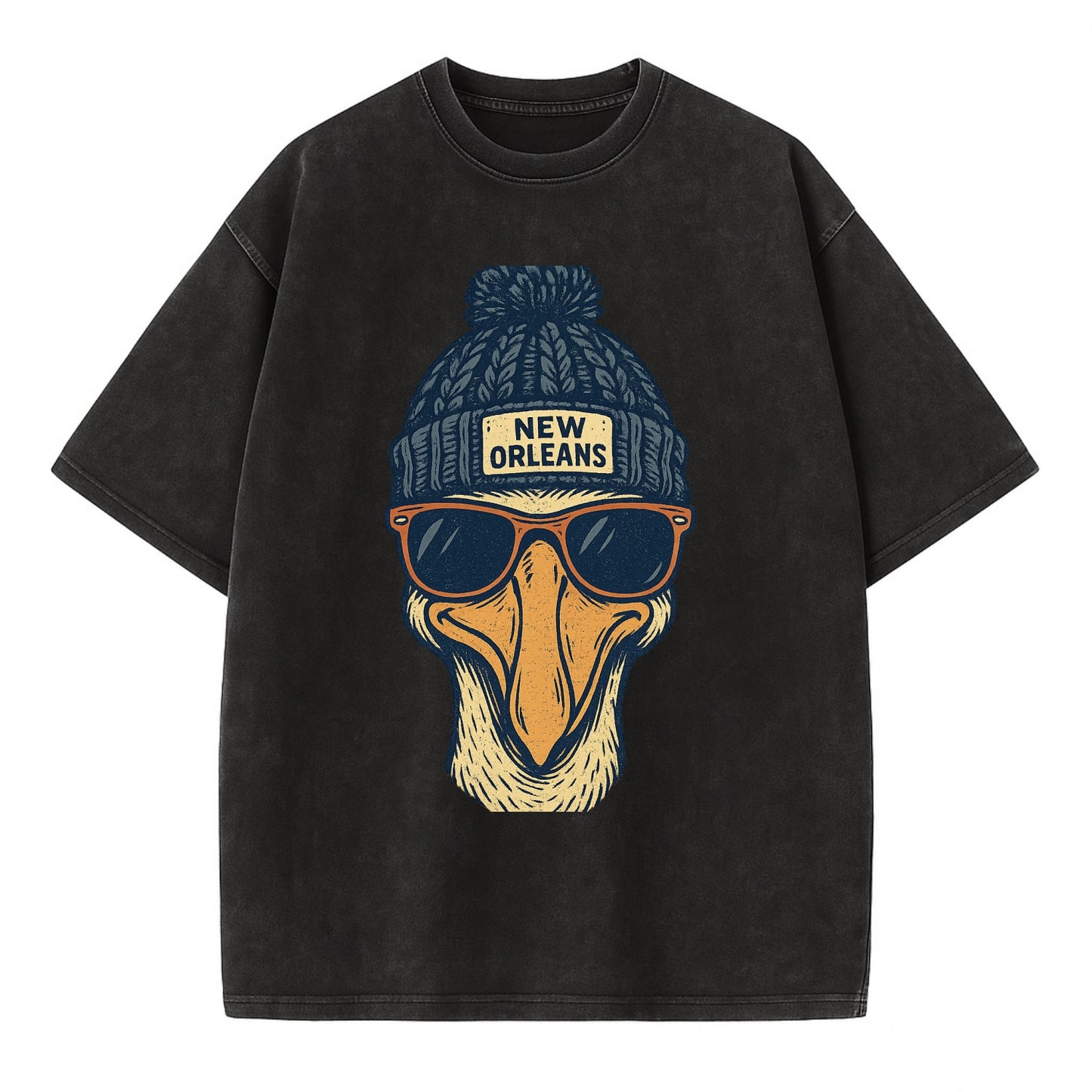 New Orleans Pelican wearing New Orleans beanie with pom pom and wayfarer - Vintage T-shirt - Black