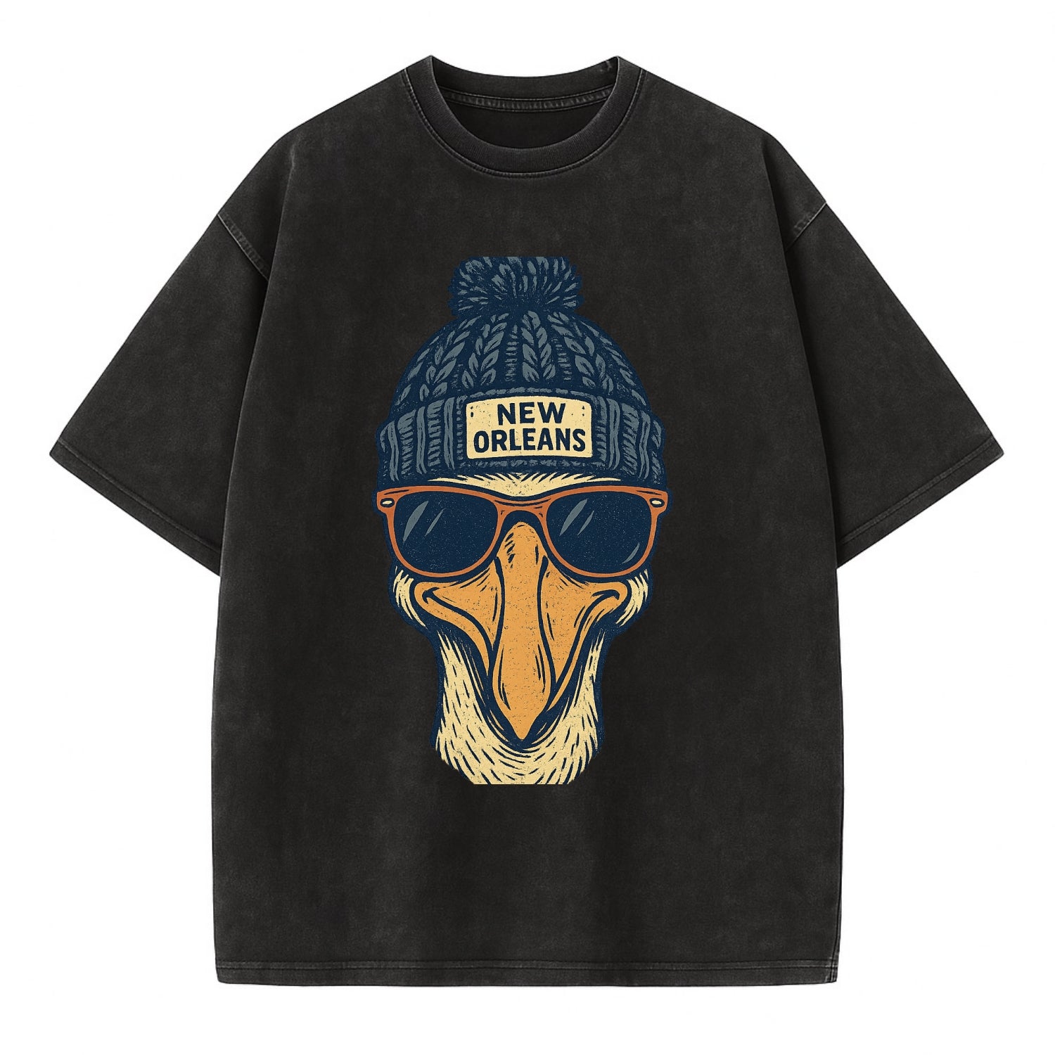 New Orleans Pelican wearing New Orleans beanie with pom pom and wayfarer - Vintage T-shirt - Black