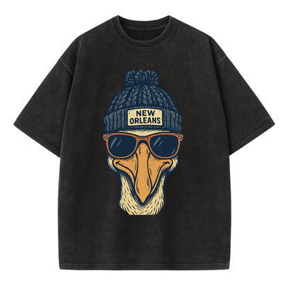 New Orleans Pelican wearing New Orleans beanie with pom pom and wayfarer - Vintage T-shirt - Black