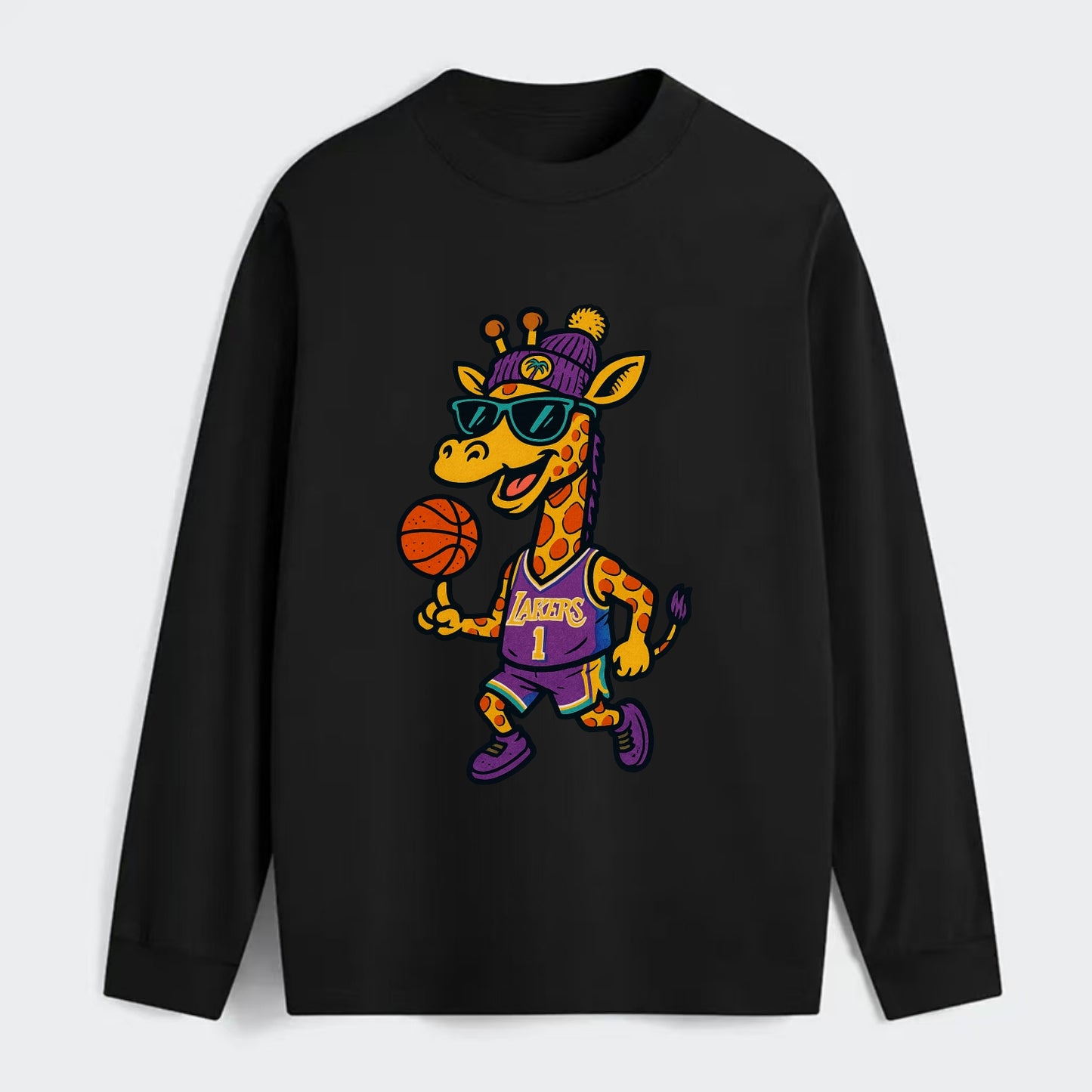 California Giraffe wearing Lakers beanie with palm tree patch and - Classic Long Sleeve Shirt - Black