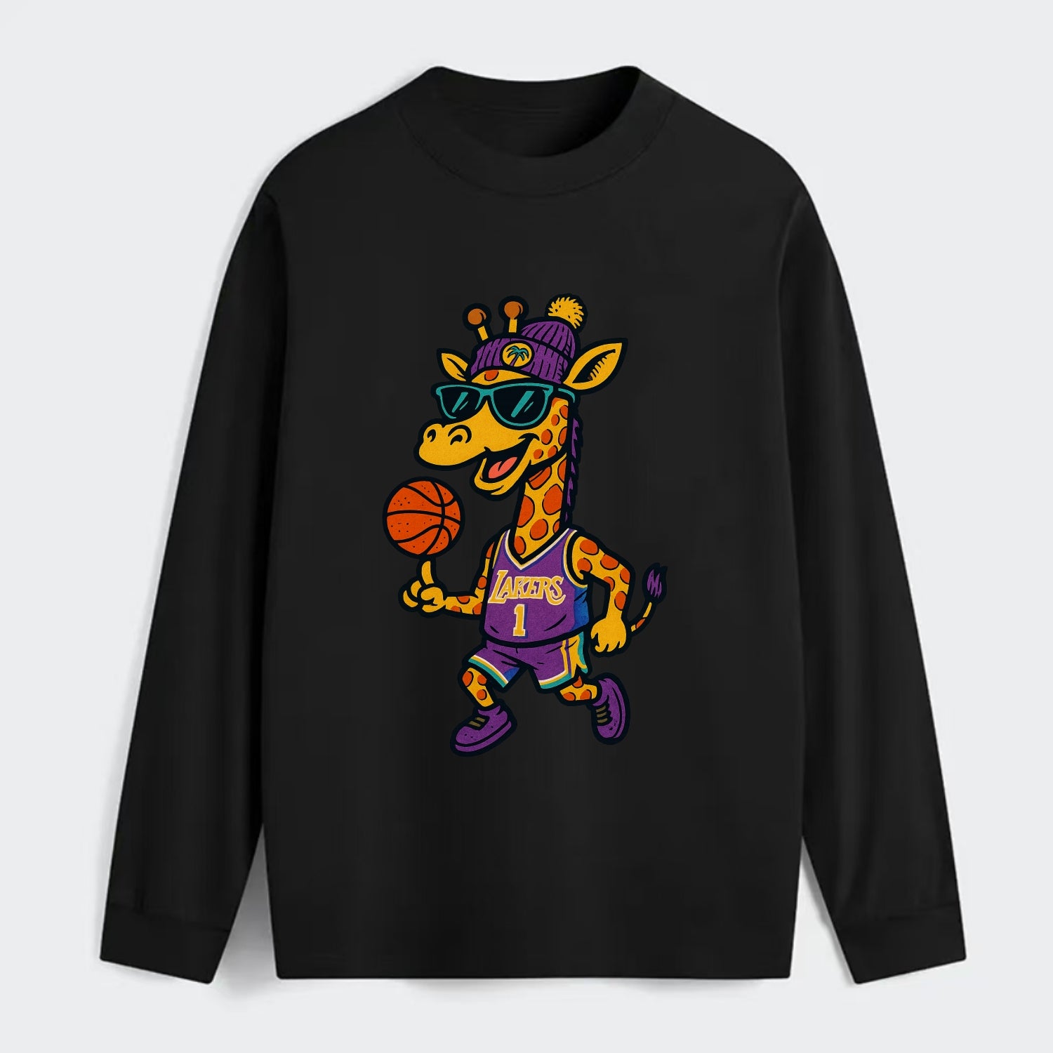 California Giraffe wearing Lakers beanie with palm tree patch and - Classic Long Sleeve Shirt - Black