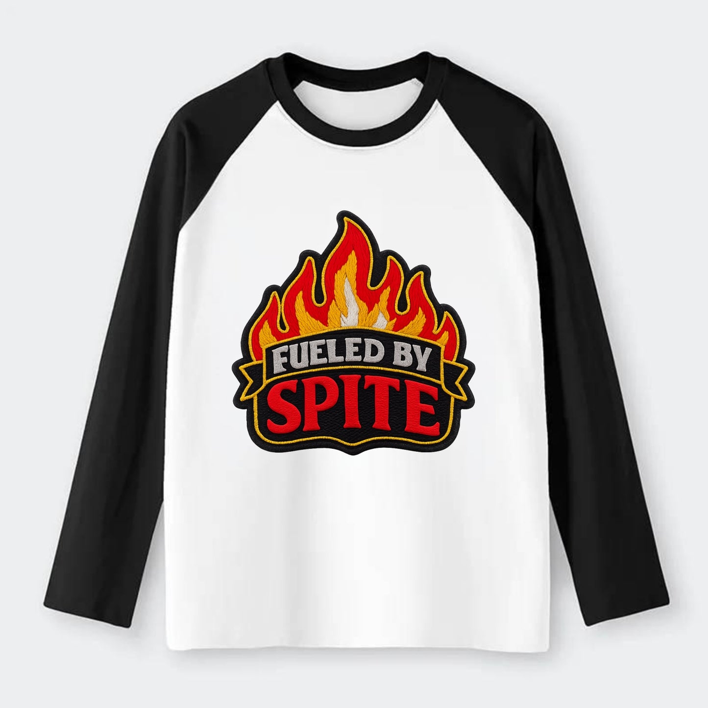 FUELED BY SPITE - fire with text in black and red , petty motivation - Raglan Long Sleeve T-Shirt - Black