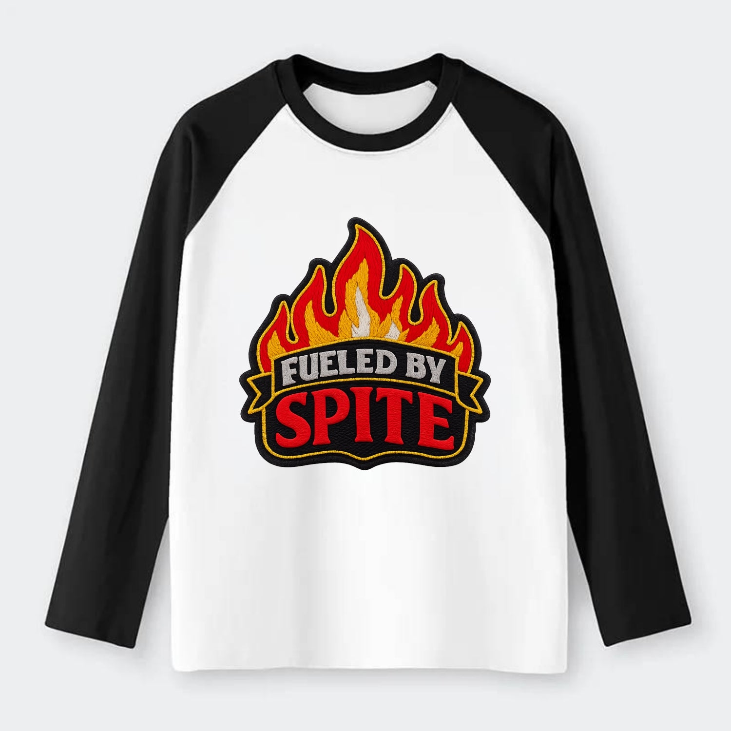 FUELED BY SPITE - fire with text in black and red , petty motivation - Raglan Long Sleeve T-Shirt - Black