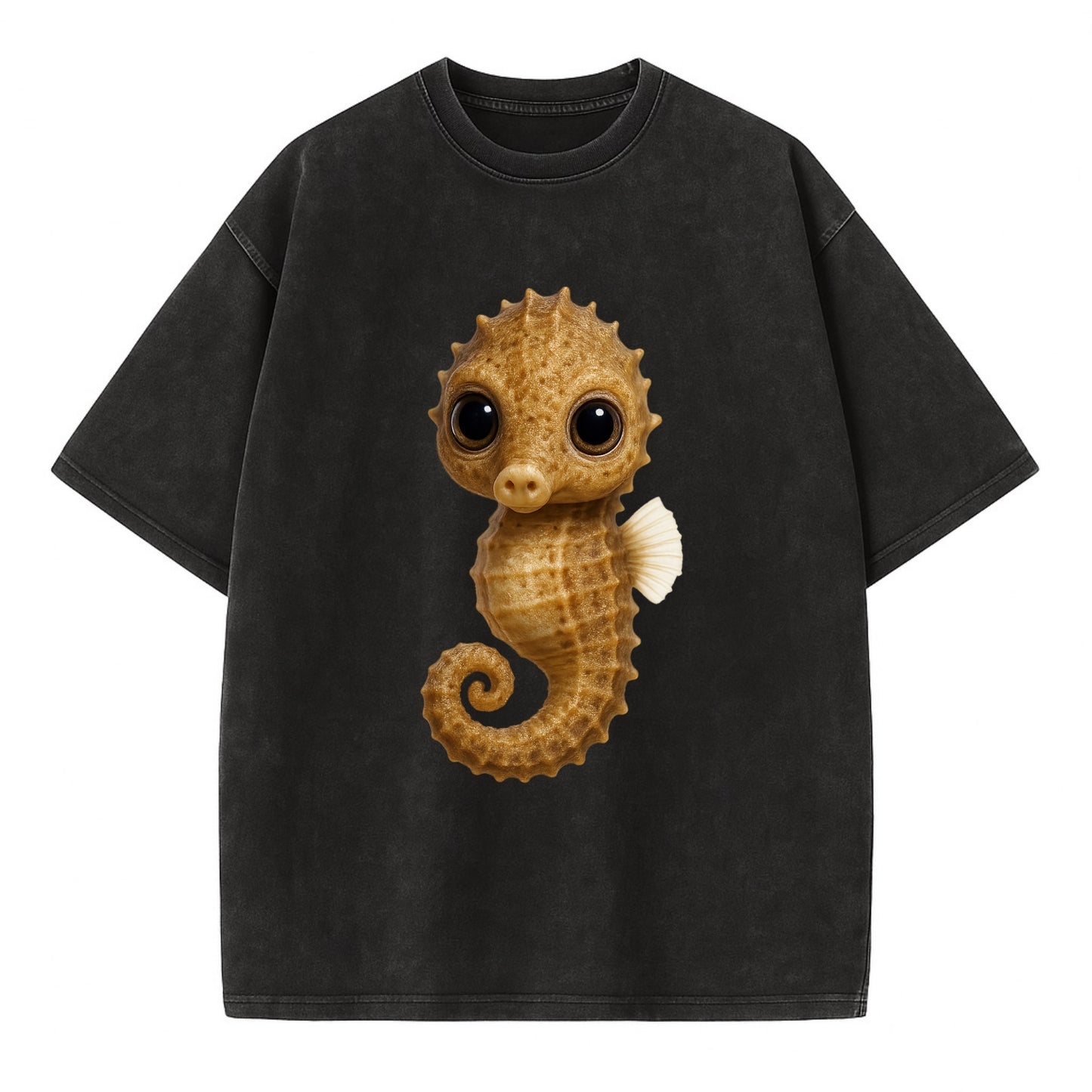 Baby Seahorse - curled tail, snout, large eyes, front-facing, delicate and cute - Vintage T-shirt - Black