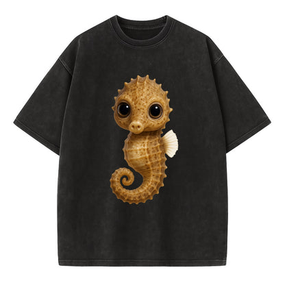 Baby Seahorse - curled tail, snout, large eyes, front-facing, delicate and cute - Vintage T-shirt - Black
