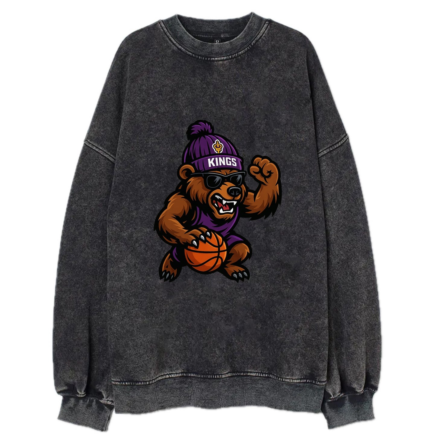 California Grizzly wearing Kings beanie with royal scepter patch and wayfarer - Vintage Sweatshirt - Black